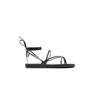 Ancient Greek Chiordi Sandals Black Leather Lace-Up Flat String Flip Flop
